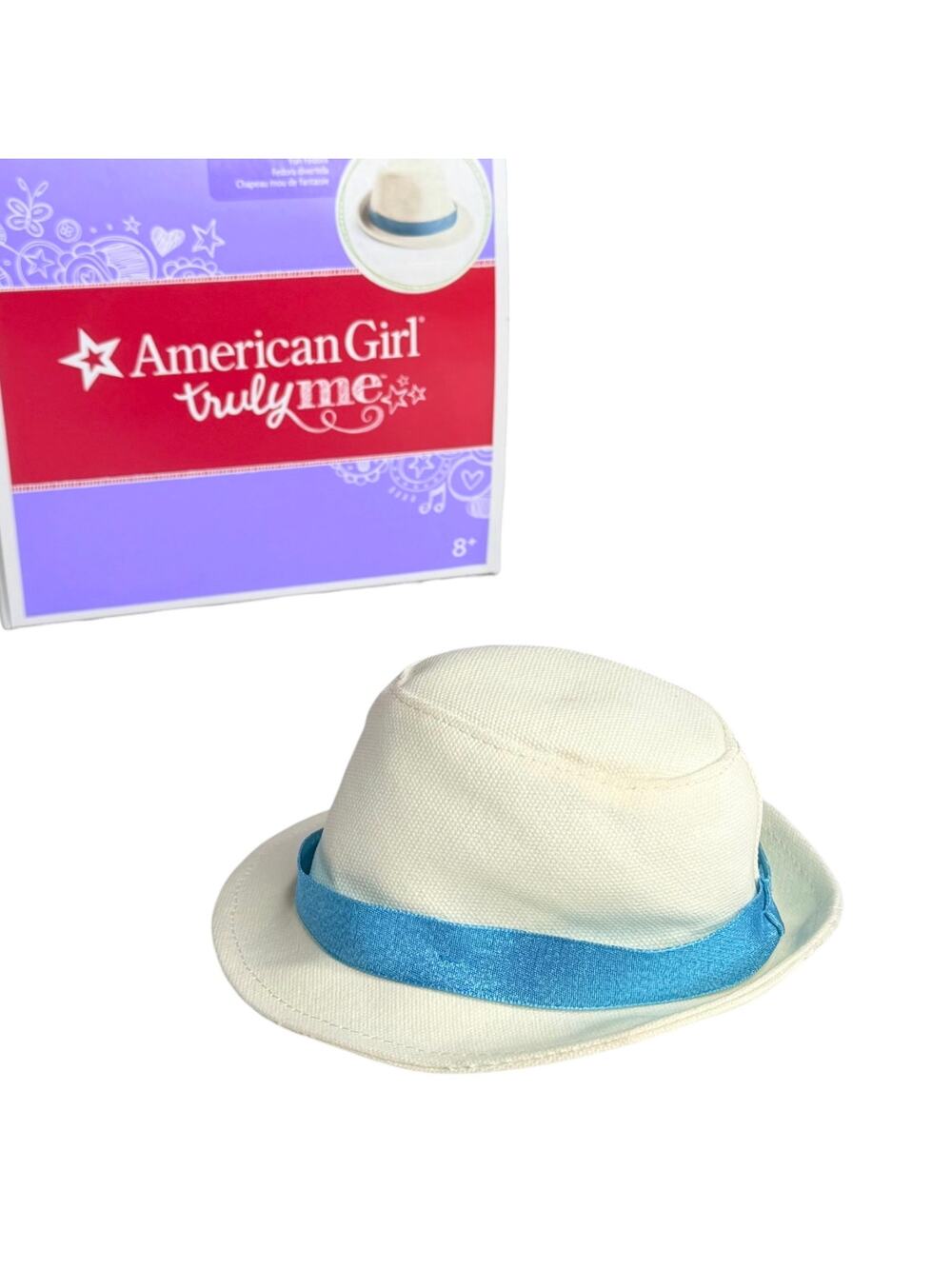 American Girl Fun Fedora Hat White Canvas Blue Grosgrain Hat Band AG Gift Box